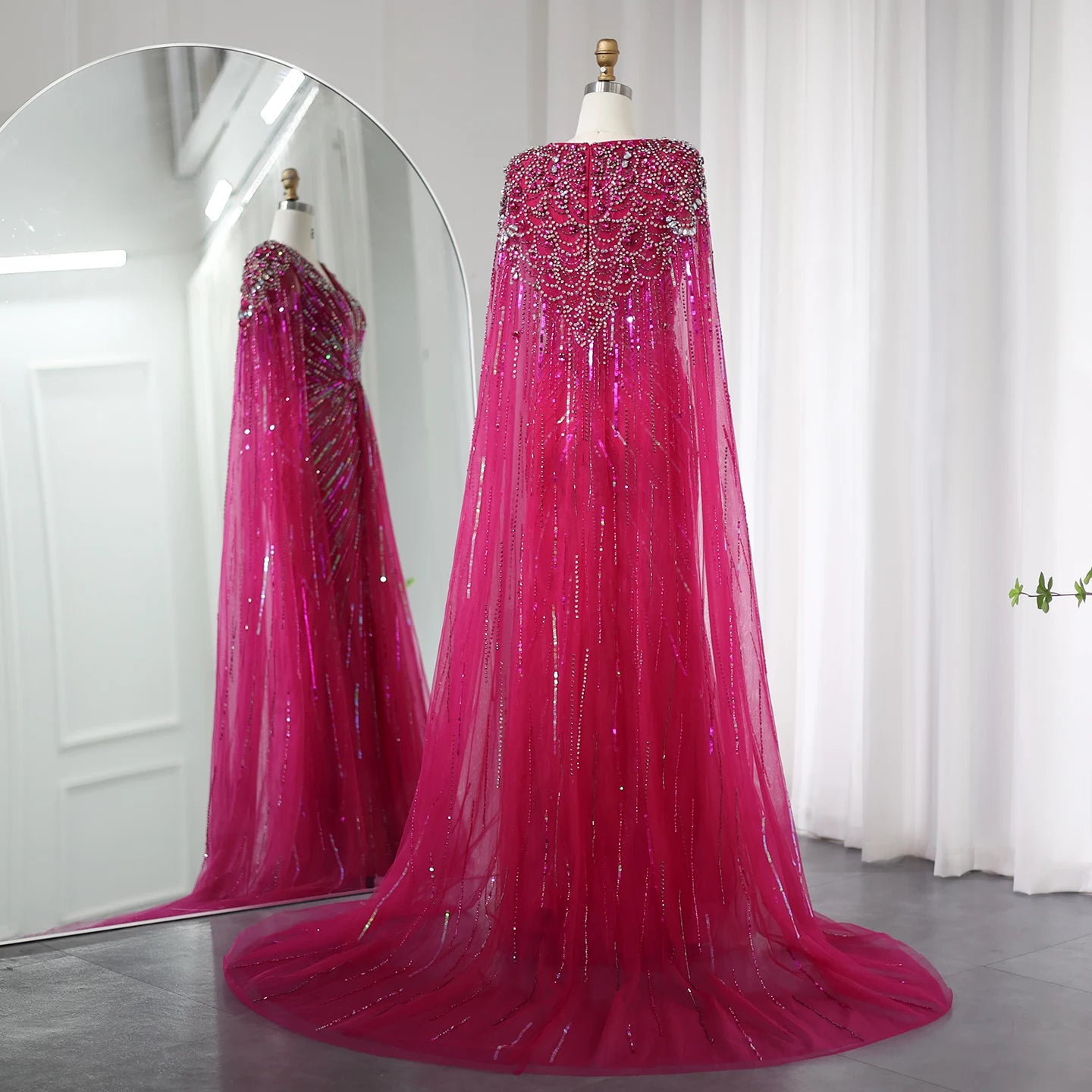 Gorgeous Prom Dress  Luxury Dubai Sage Green Evening Dresses with Cape Fuchsia Crystal Gold Elegant Women Wedding Formal Party Gown SS399