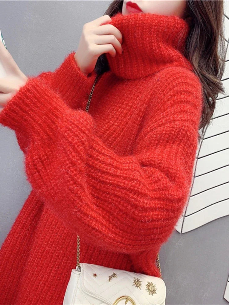 Women's Sweater High Neck Long Sleeve Sweater Dress Autumn Winter New Mid Length Knitted Womens Clothing Comfortable Versatile