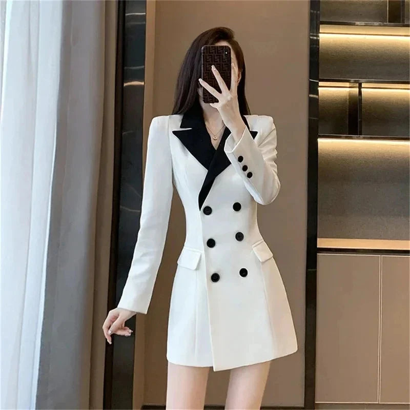 2024 Spring Women New High End Celebrity Style Slim Suit A-line Dress Korean White Mid Length Blazer Dress For Splicing Coat