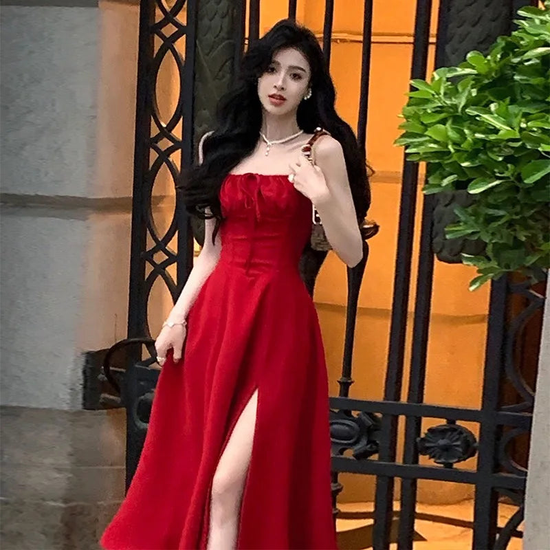 warmmeta French Elegant White Strap Midi Dress Summer New Casual Evening Party Dress Women Beach Sleeveless Lace-up Red Dress Korean