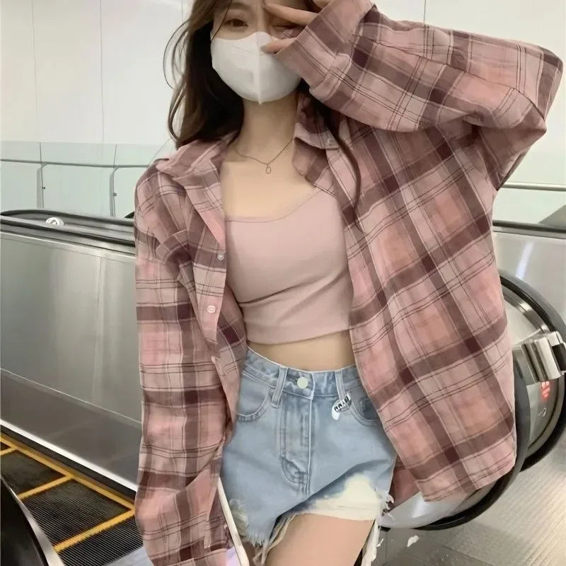 Women's Plaid Blouse Shirt Korean Fashion Long Sleeve Green Pink Tops Female Button Up Harajuku Basic Cheap Women's Clothing