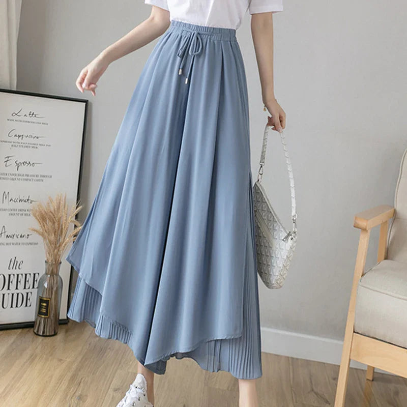 Elastic Wide Leg Pants Women Korean Fashion Chiffon Trousers Summer Casual Loose Pleated Pants Lady High Waist Street Skirt Pant