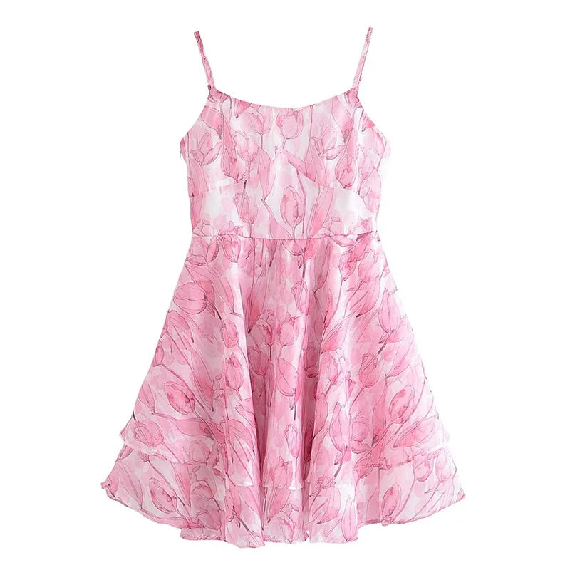 WARMMETA Sweet Women Pink Floral Print Sexy Sling Mini Dress Sleeveless Female A-line Mini Summer Dresses Holiday Robe