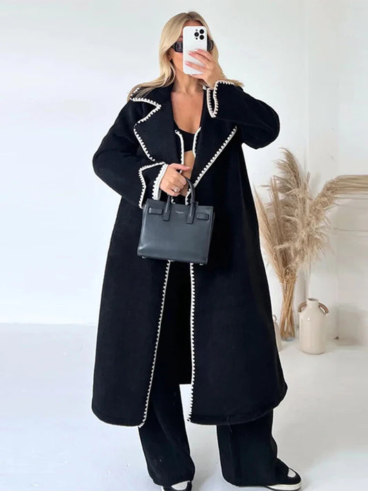 Women Patchwork Splice Woolen Maxi Coat Long Coat Elegant Long Sleeve Solid Loose Jacket 2023 Autumn Winter Lady Outerwear