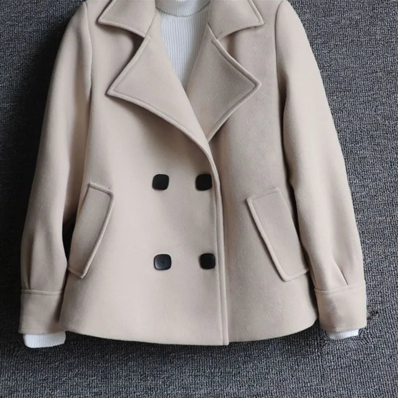 2023 New Autumn Winter Woolen Coat Women Short Slim Fashion Double-Breasted Suit Collar Cardigan Jacket Female Outerwear