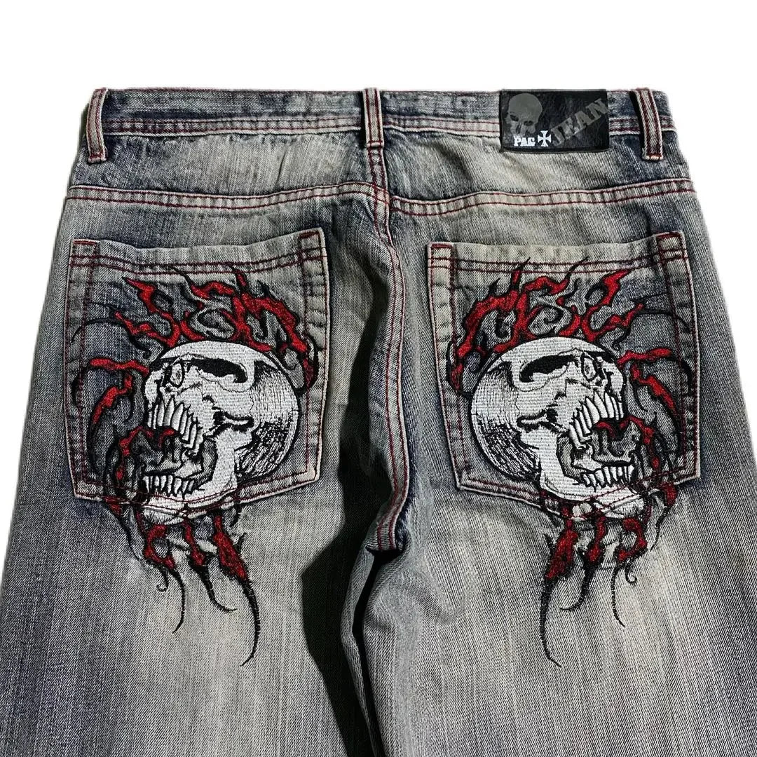 warmmeta Gothic black metal pocket skull embroidered mid-rise washed jeans for men and women Harajuku street punk casual wide leg pants