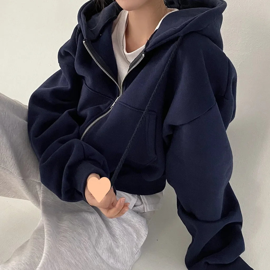 Casual Y2K Zip Up Hoodies Women Autumn Winter 2023 Solid Color Loose Crop Tops Streetwear Sweatshirts Korean Hooded Jackets Coat