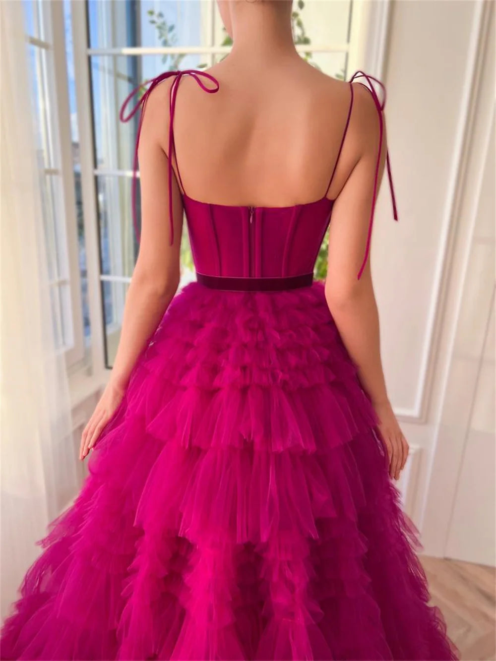 Gorgeous Prom Dress Sexy Spaghetti Strap Fuchsia  Multilayer Tulle A-line Prom Dress Princess Puffy