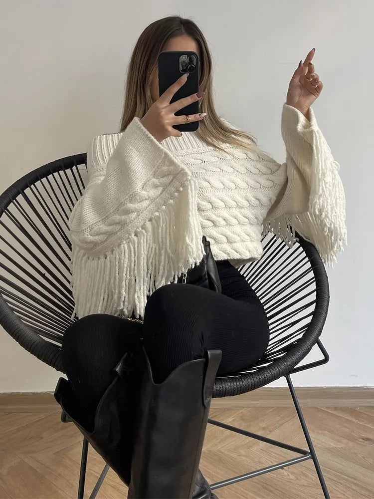 Thicken White Tassel Off Shoulder Sweater Women Elegant Slash Neck Long Sleeve Short Pullover 2024 Spring Lady Knitted Jumpers