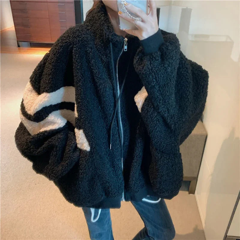 Deeptown Women Zipper Jackets Harajuku Oversized Hoodies Korean Streetwear Faux Lamb Fleece Winter Stripe Coats Casual Outerwear