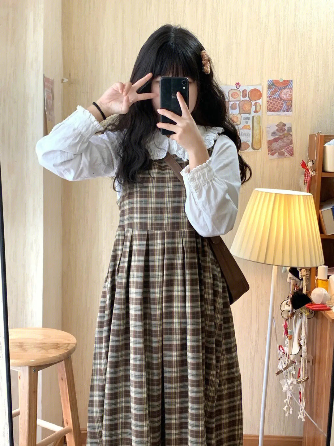 Cozy Treehouse Plaid Dark Academia Pinafore Dress