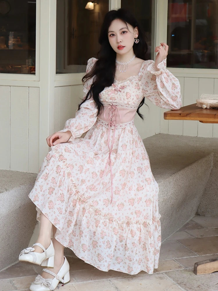 Pink Floral Elegant Dress Women Bandage Lace Print Sweet Vintage Dress Puff Sleeve Kawaii Dress Women Princess Fairy