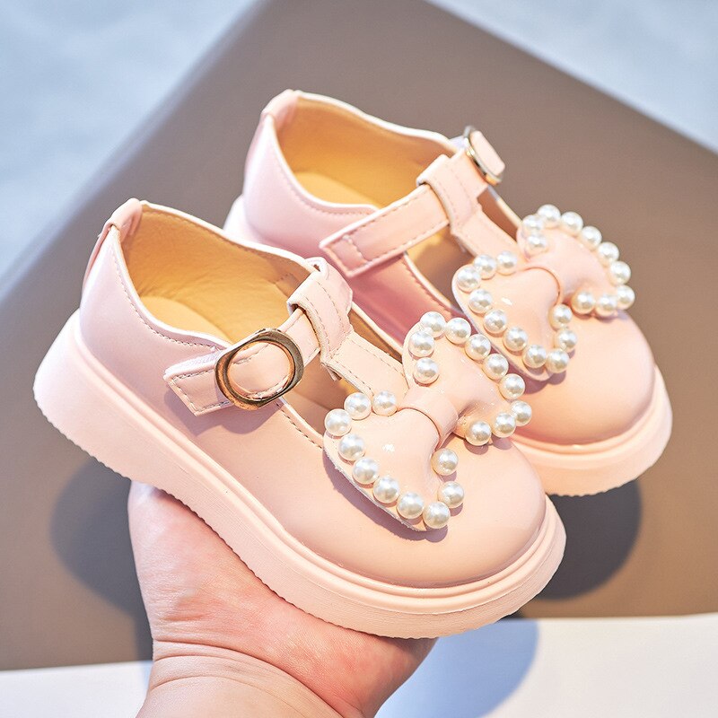 Kids Fashion Moccasins Shoes Autumn New Girls Princess Shoes Butterfly-knot Pearls Pink Shoes Children Retro Mary Jane Shoes