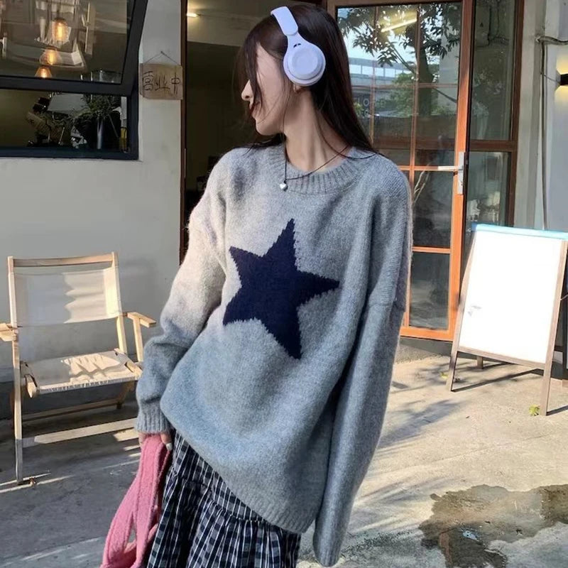 Star Pullover Sweater Women Korean Fashion Loose O-Neck Warm Fall Winter Knitwear Pretty Style Hip-Hop Lazy Female Jumpers Tops