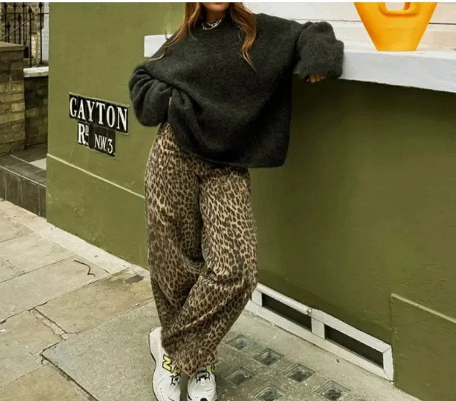 Picsgirl -  Fashion Leopard Print Straight Leg Jeans American Retro Street Overalls for Men and Women Harajuku Hip Hop Floor Mopping Pants