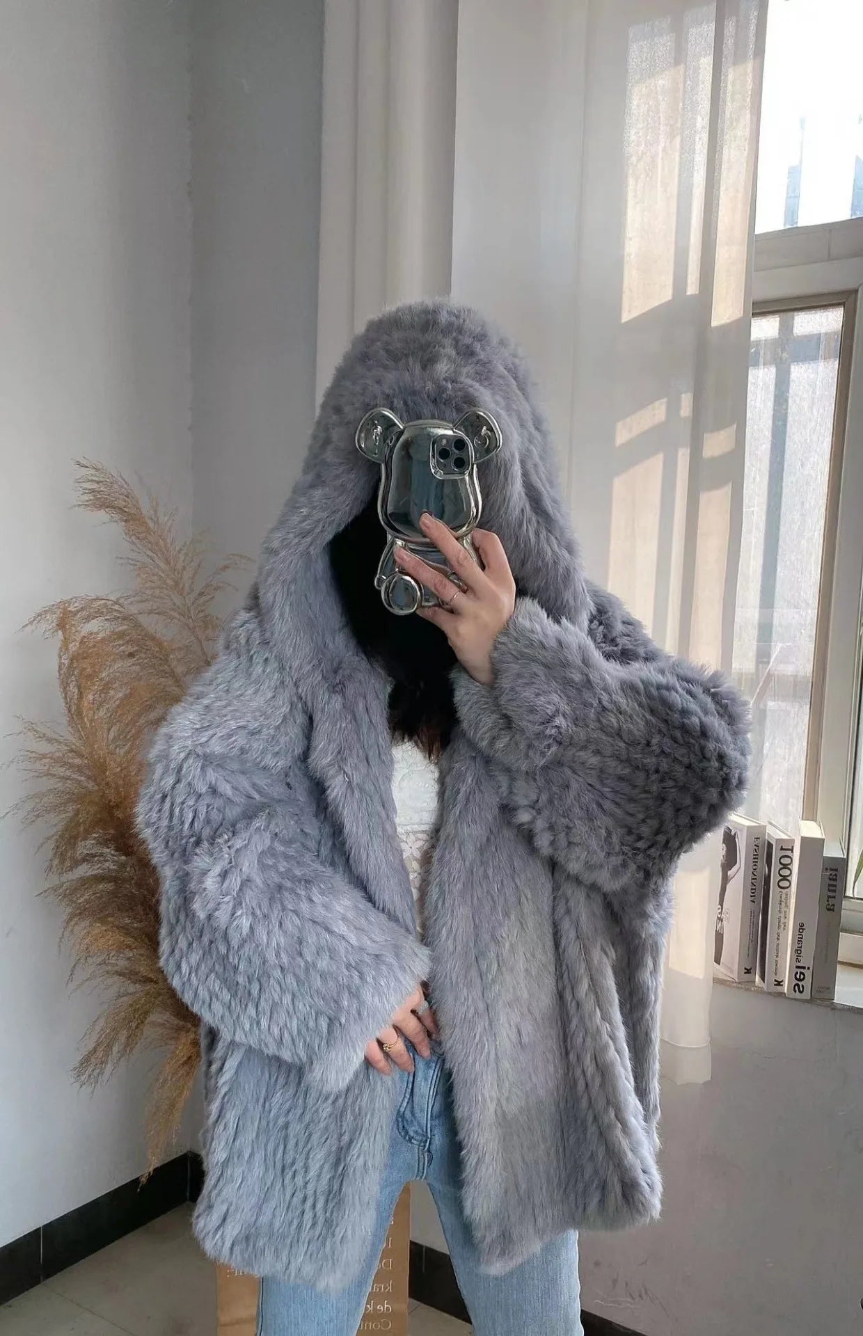 Autumn Winter Women Real Rabbit Fur Coat 100% Natural Fur Jacket Loose Manual Weave Quality Streetwear Hooded Flare Sleeves New