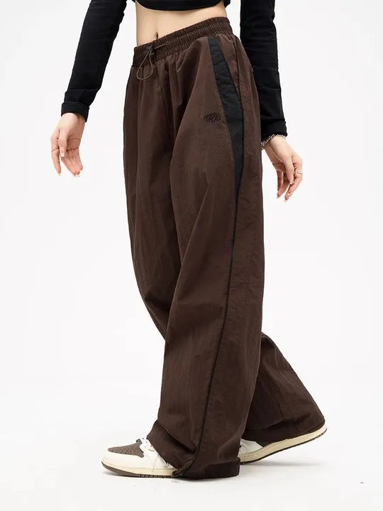 warmmeta 2 Women Spring Retro Solid Loose Drawstring Trousers Casual Joggers Baggy Wide Leg Sweatpants Mid Waist Sporty Y2k Female Clothes