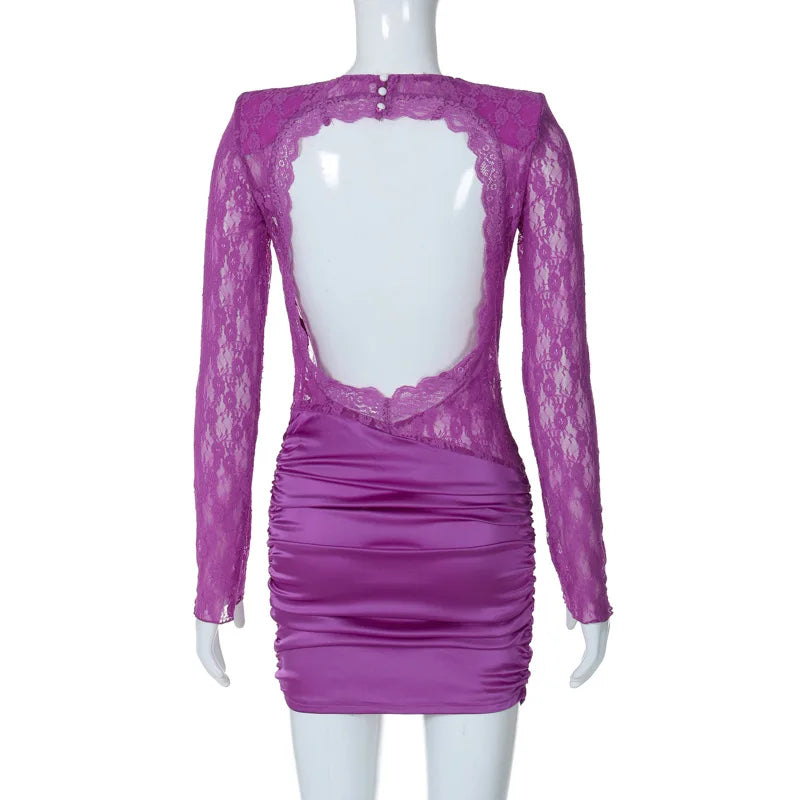 Purple Lace Corset Mini Dress Backless Long Sleeve Ruched Bodycon Dress Elegant Short Party Cocktail Dress