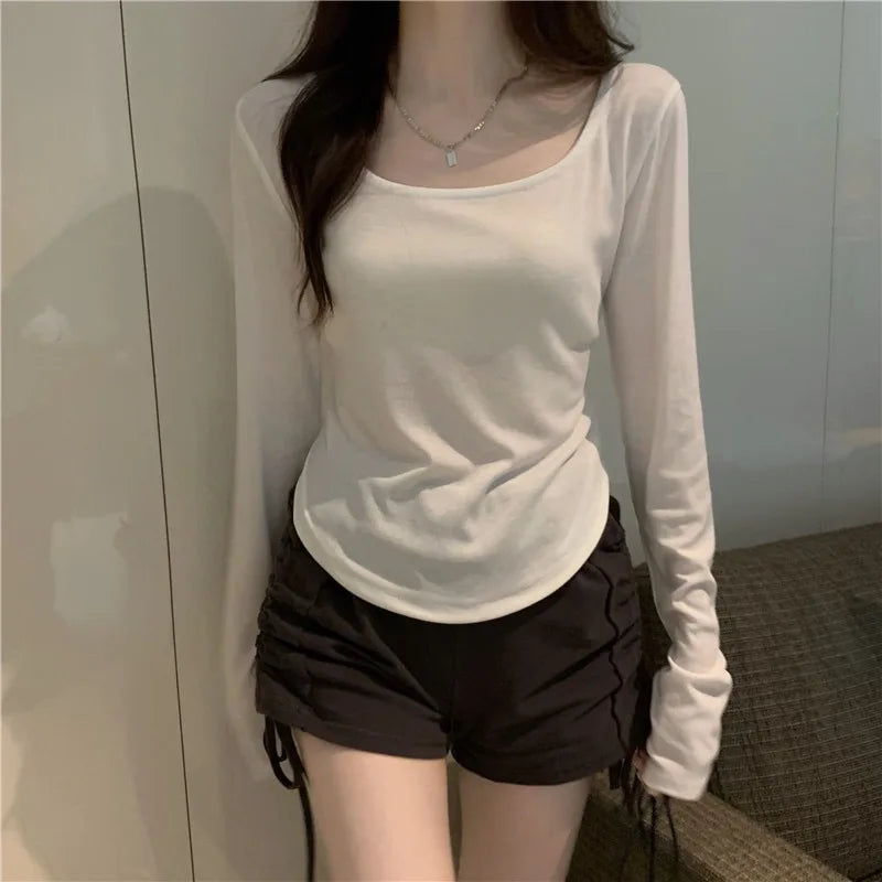 Square Neck Long Sleeve T-Shirt Women Spring  Autumn  New Irregular Hem Slim Casual Top Winter Solid Bottom Shirts New Korean