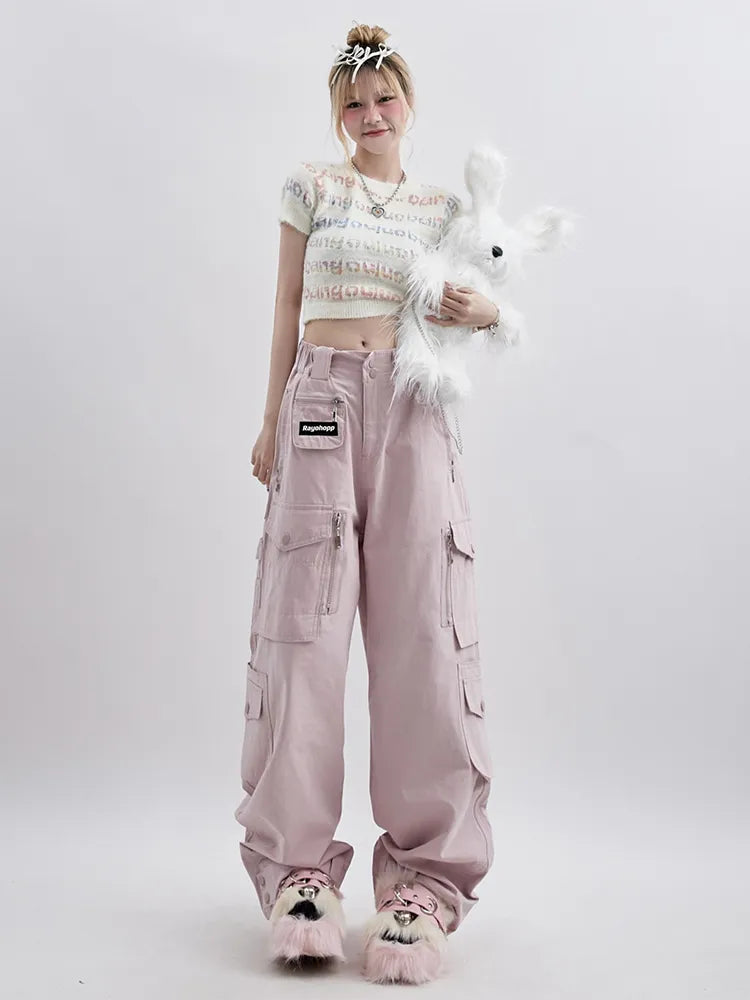 Women's Cargo Jeans Baggy Straight Denim Trouser Korean High Waist Harajuku Y2k Hip Hop Streetwear Vintage Pink Wide Jeans Pants