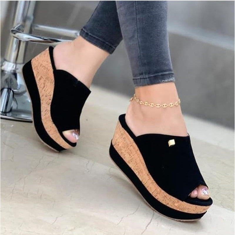 Slippers Summer 1 Wedges  Retro Fish Mouth Large Size Sandals Women High Heel Platform Solid Color Plus Size Shoes Sandalias