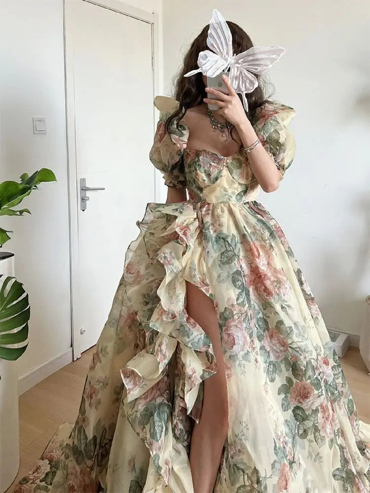 warmmeta-Floral Print Evening Party Dress Women 2024 Puff Sleeve Elegant Princess Long Dres Ladies France Vintage Open Fork Dress Summer