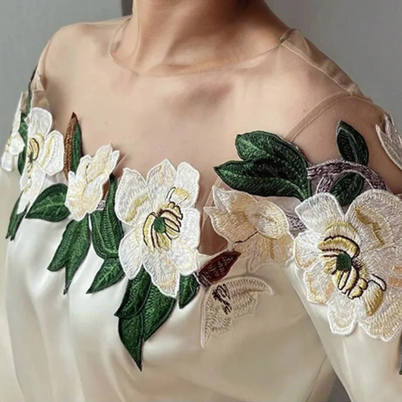 Elegant Embroidered O-neck Blouse Women Fashion Mesh Patchwork Satin Shirt Spring New Long Lantern Sleeve Women's Clothes