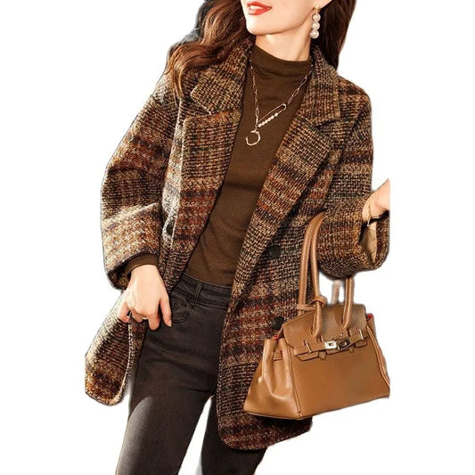 Spring And Autumn New Fashion Korean Loose Slim Temperament Coat Ladies Joker Suit Collar Plaid Lined With Thin Woolen Coat  Tid