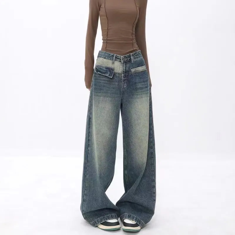 Y2k Streetwear Loose Denim Trousers Female Gyaru Clothes Vintage Wide Leg Baggy New Jean Women Autumn High Waist Pants Woman