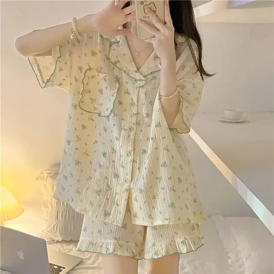 Flower Print Sleepwear Women Pajama Sets Korean Style Summer Piiama 2 Pieces Night Wears for Sleeping Student Cute Home Suit