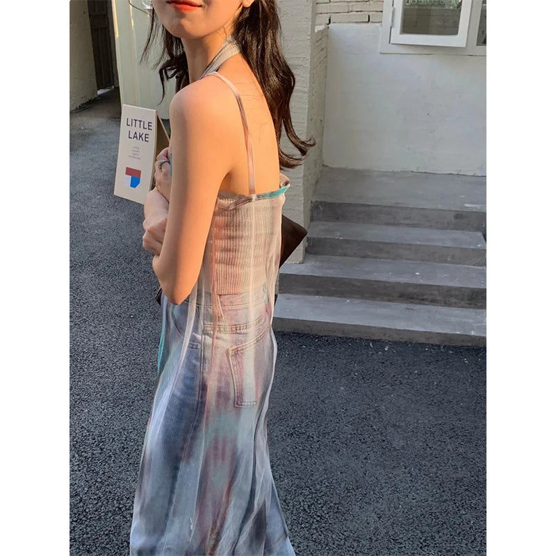 Y2K Tie Dye Tulle Midi Dress Women Streetwear Sheer Spaghetti Strap One Pieces Dresses Korean Harajuku Mesh See Through Vestidos