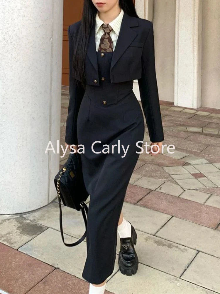 British Style 3 Piece Dress Set Women Long Sleeve Sweet Coat + White Shirt + Long Slim Skirt Winter Elegant Casual Black Suit