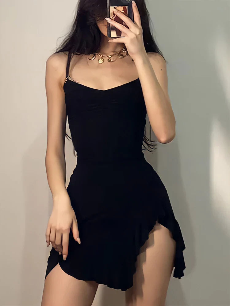 warmmeta Summer Sexy Mini Dress Women Sleeveless Strap Streetwear Backless Folds Bodycon Split Black Dress Party Elegant Dresses