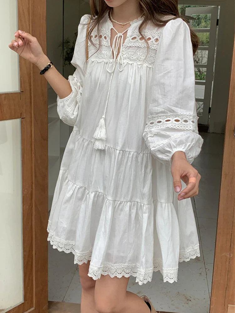 Colorfaith DR9976 New 2024 With Belt Chic Cutout Lace High Waist Korean Fashion Sweet Elegant Women Spring Summer Mini Dresses