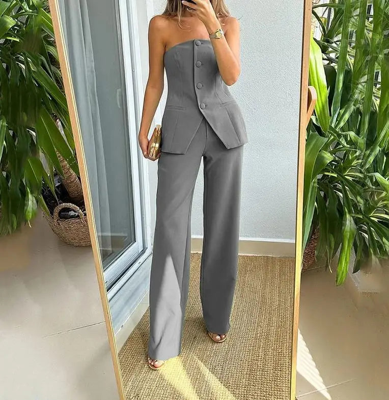 warmmeta Women's Pants Set Solid Color Autumn New Sleeveless Tube Top and Solid Color Straight Pants Suit Elegant Office Suit