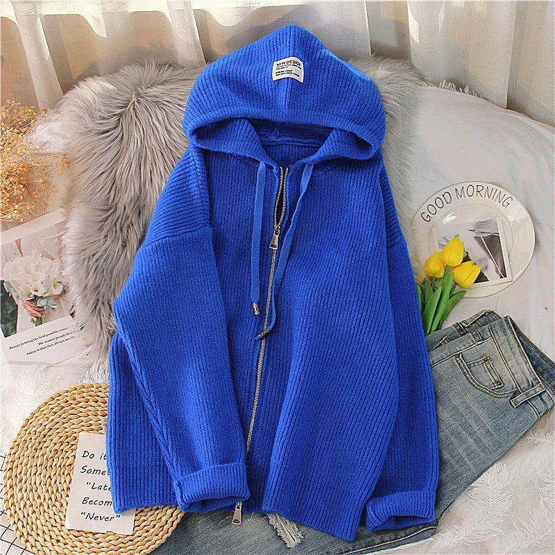 New 2023 Fashion Korean Cardigan Sweater Jacket Women Hooded Solid Color Loose zipper Sweater Female Elegant Knitwear Overcoat