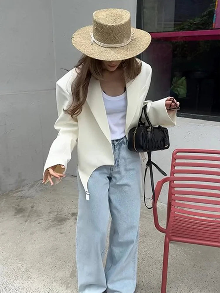 Fashion Cropped White Suit Jacket With Belts Women Casual Full Sleeve Lapel Short Coats 2024 New Autumn Office Ladies Chic Coat