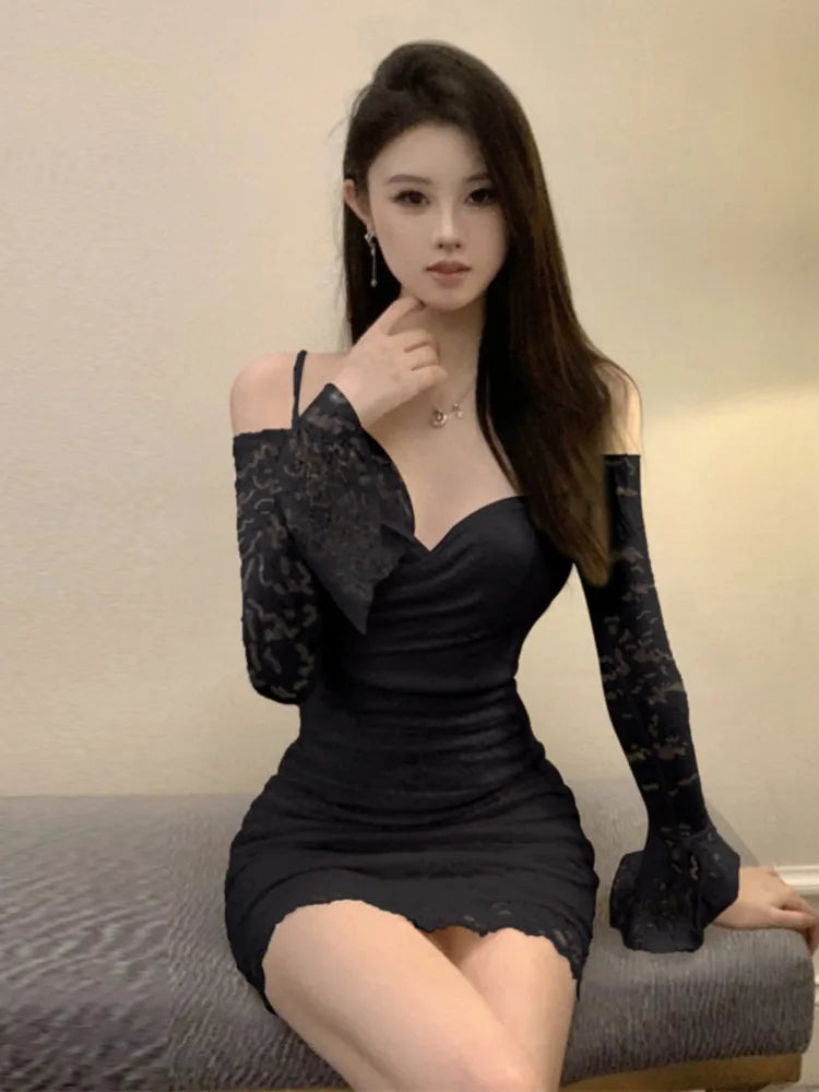 WARMMETA Woman Dress Elegant Sexy Off Shoulder Lace Patchwork Slim Flare Long Sleeve V Neck Backless Ruched Mini Dresses Female