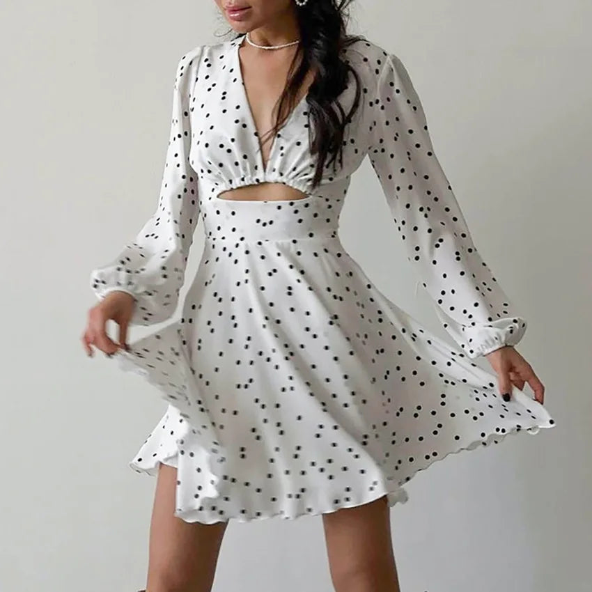 Picsgirl -  Summer Women's Long Sleeved Polka Dot Printed Dress V-neck Hollow Bubble Sleeve Temperament Slim Fit Flower Bud Skirt Women 2024