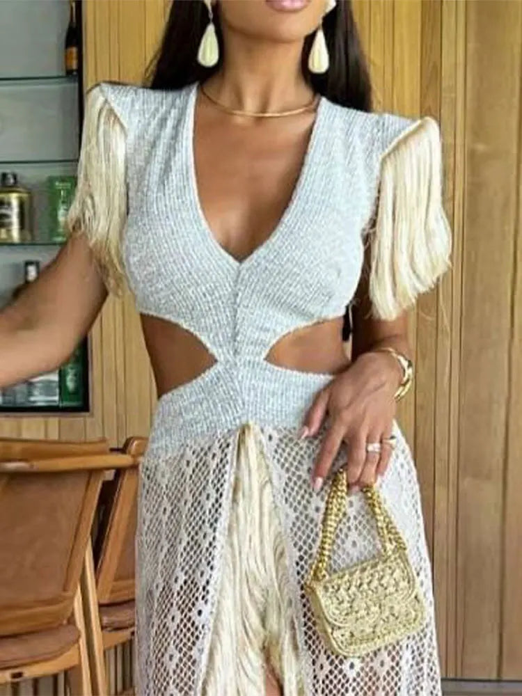 Women V-neck Tassel Patchwork Perspective Midi Dress Sexy Off Shoulder Sleeveless Backless Vestidos Summer New Party Clubwear