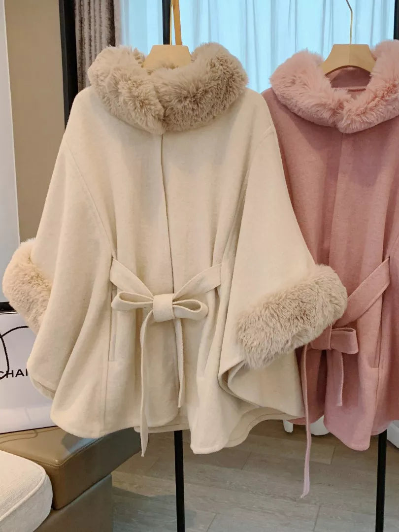 Factory Direct Elegant Autumn Winter Rex Rabbit Fur Collar Belt Knitted Poncho Cape Shawl Woolen Large Size Women's Coat