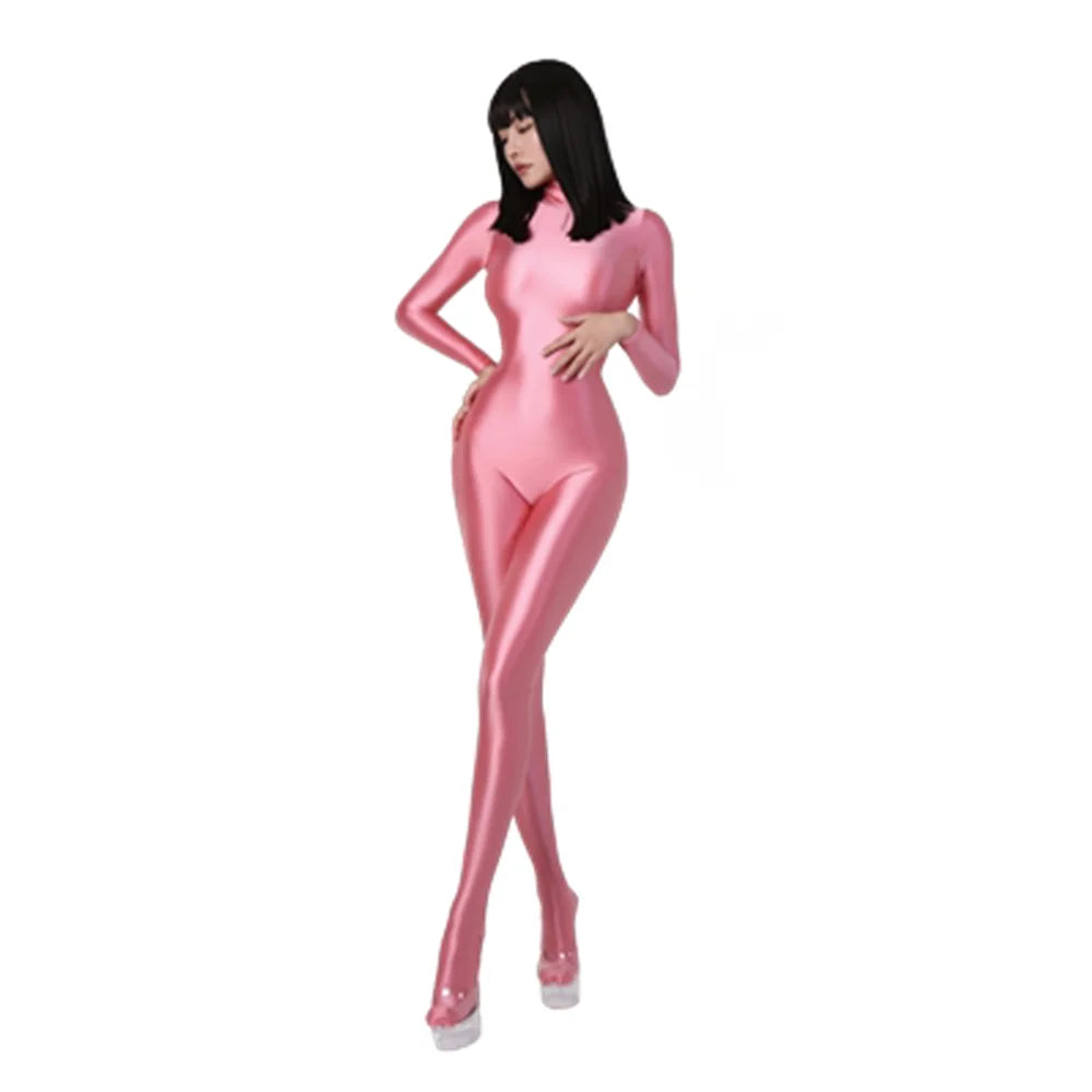 warmmeta Women Oily Glossy Long Sleeve Elastic Bodysuit Bodycon Rompers One-piece Swimsuit Silky Tights Satin Pantyhose Jumpsuits Thong