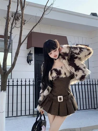 WARMMETA Hot Girl Suit Women's Autumn/Winter Faux Fur Short Coat Strap Slim Fit A-line Dress Two-piece Set Fashion Female Clothes