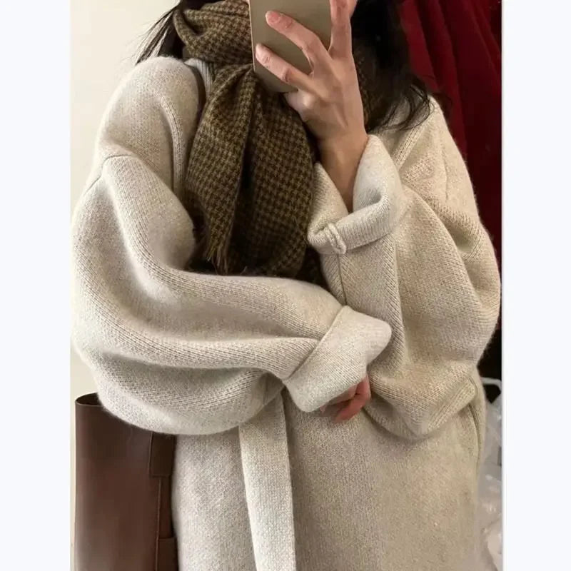 Soft Thickeing Coat Women Design Autumn Winter Long Knitted Cardigan Women Open Stitch Elegant Knitwear 2023 V-neck Sweater W97