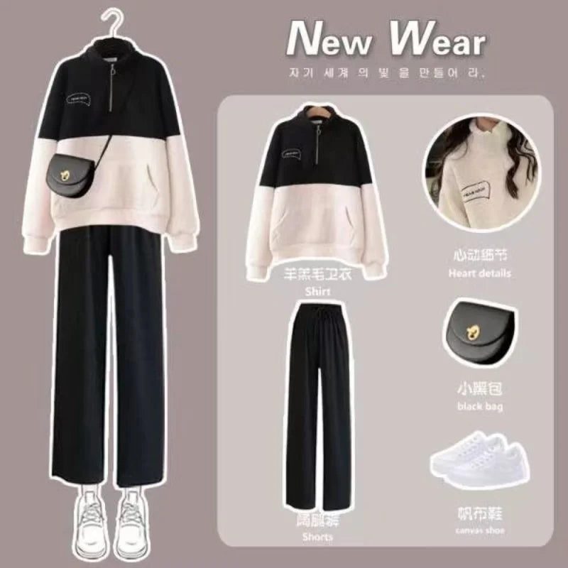 Velvet and Thickened Lamb Hair Outer Set for Women's Autumn and Winter New Korean Casual Wide Leg Pants Fashion Two Piece Set