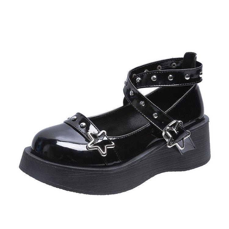 Women heels Lolita shoes platform mary jane Shoes Star Buckle Strap Mary Janes Women Cross-tied Girls Rivet Casual Shoes kawaii