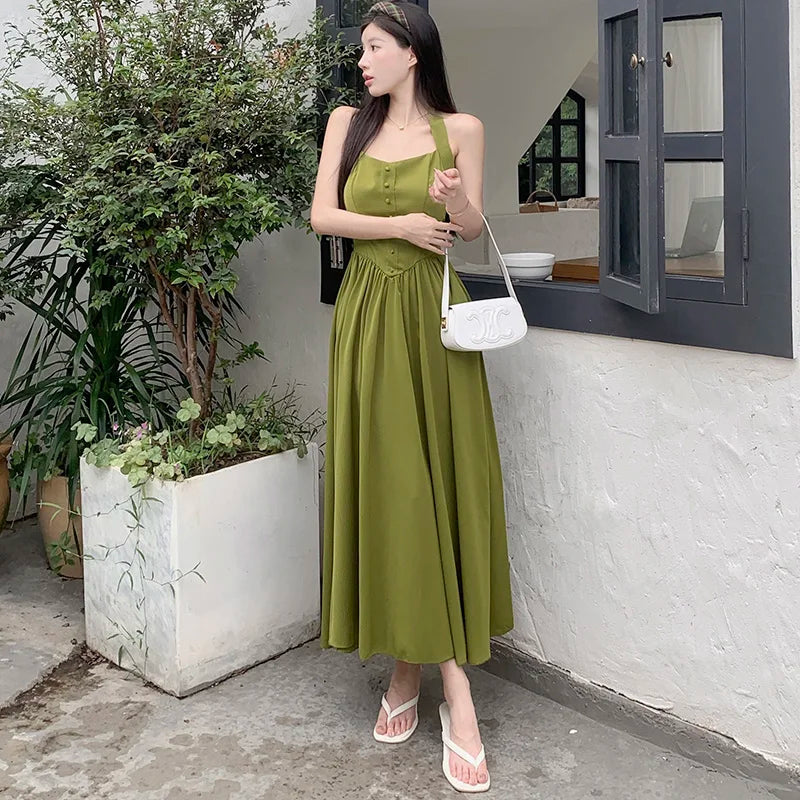 warmmeta-Women's elegant dress 2024 Spring Festival new Europe and the United States tied avocado color neck A pendulum long skirt