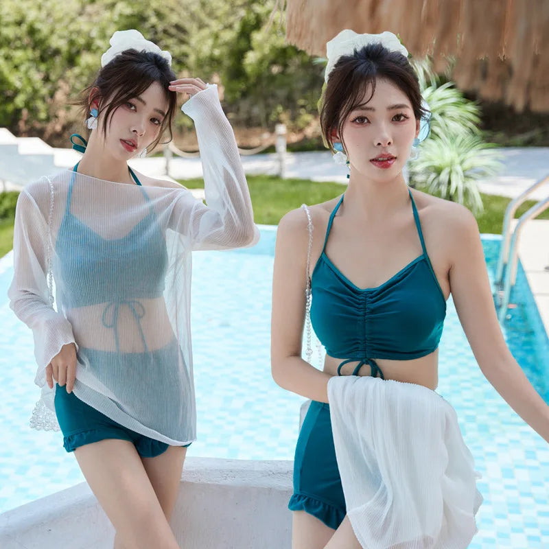 Women Fantasie High Waist 3 Piece Cover Up Swimwear Swimsuit Korean Style Vacation Swim Beach Wear Cardigan Bathing Suit