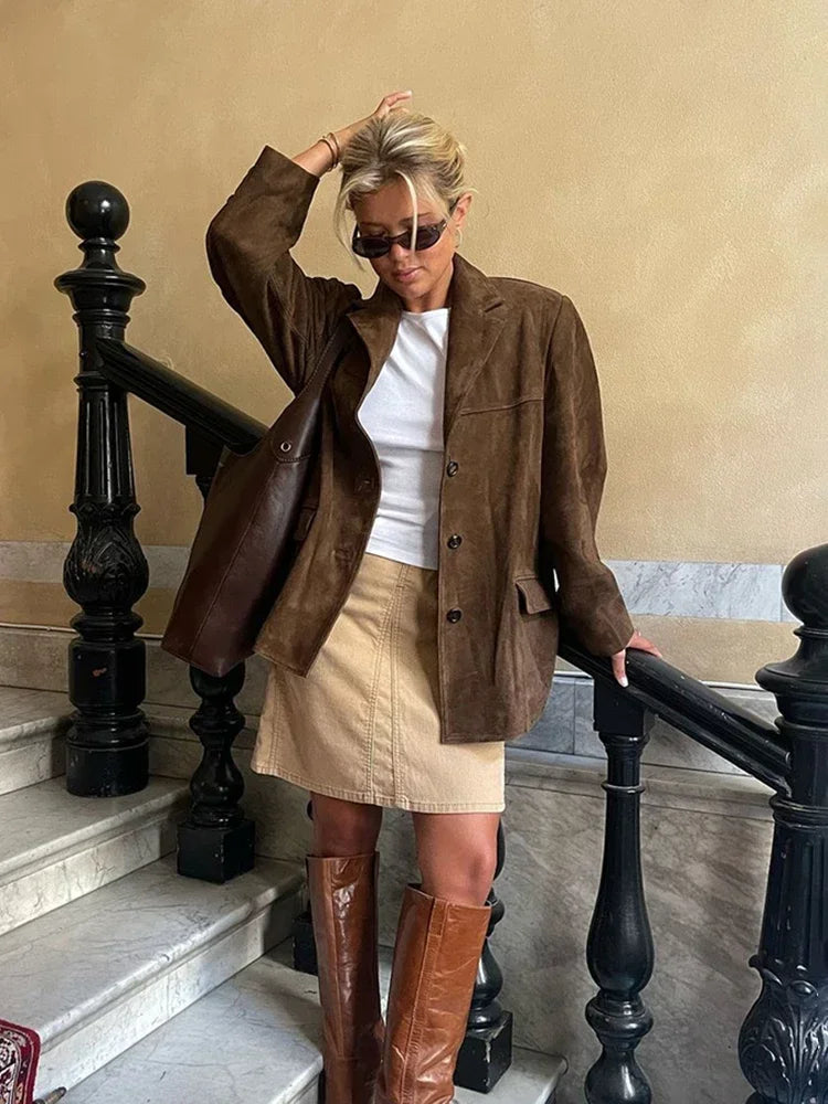 Retro Brown Lapel With Pocket Jacket Woman Fashion Buttons Long Sleeve Short Coat Female Autumn High Street Outwear