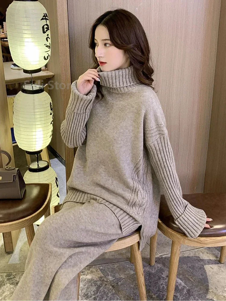 Sweater Set Warm suit for Women Winter Knitted Suits 2 Piece Set Soild Turtleneck Sweater + Loose Trousers Office Lady Suit